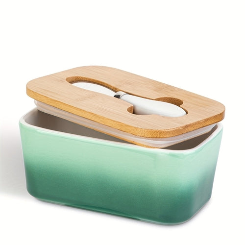 Ceramic Butter Dish with Bamboo Lid and Knife