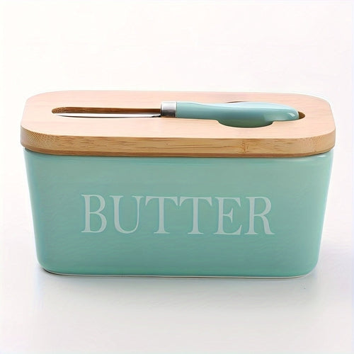 Ceramic Butter Dish with Bamboo Lid and Knife