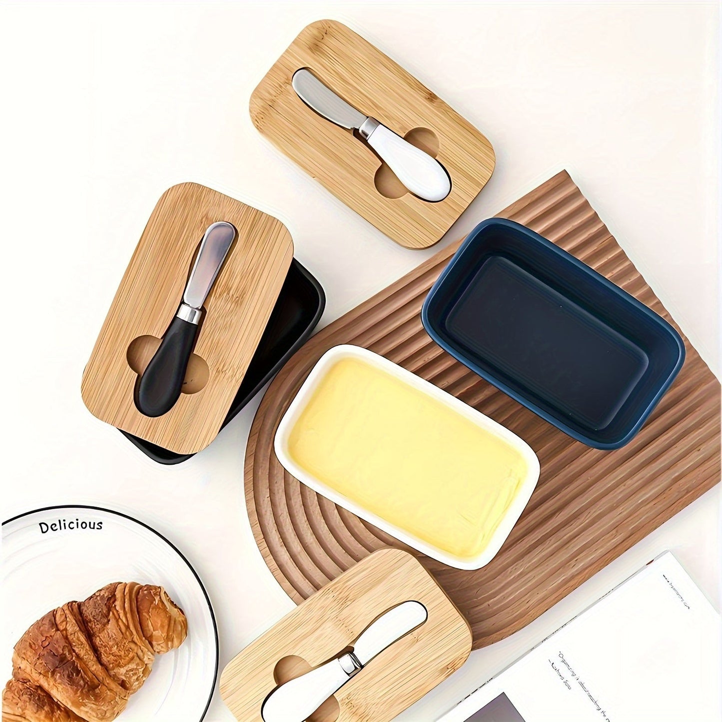 Ceramic Butter Dish with Bamboo Lid and Knife
