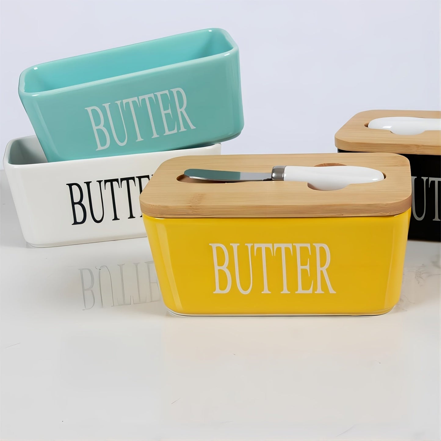 Ceramic Butter Dish with Bamboo Lid and Knife