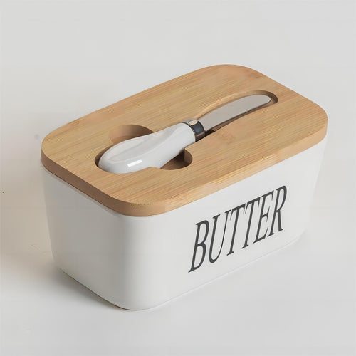 Ceramic Butter Dish with Bamboo Lid and Knife