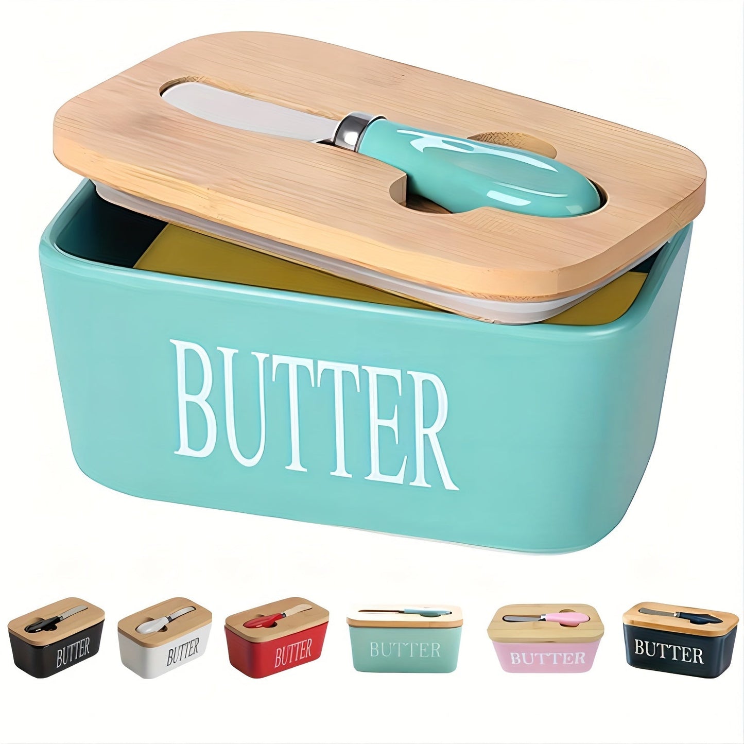Ceramic Butter Dish with Bamboo Lid and Knife