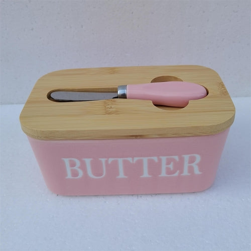Ceramic Butter Dish with Bamboo Lid and Knife