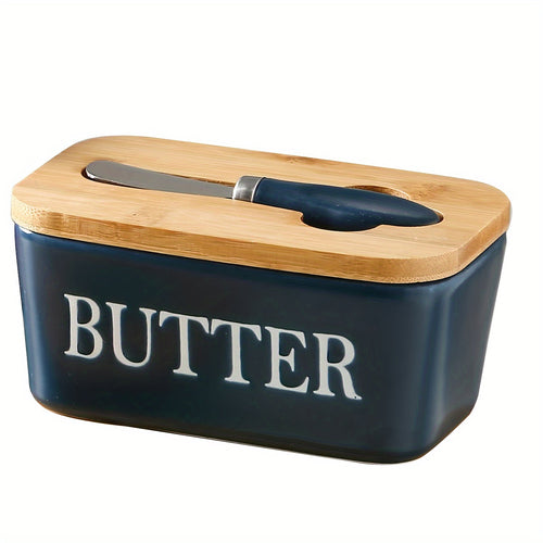 Ceramic Butter Dish with Bamboo Lid and Knife
