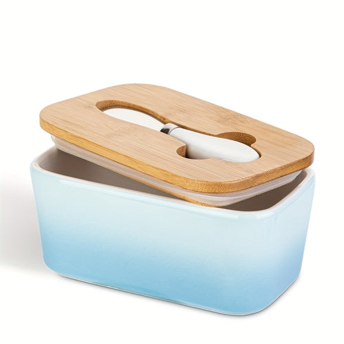 Ceramic Butter Dish with Bamboo Lid and Knife