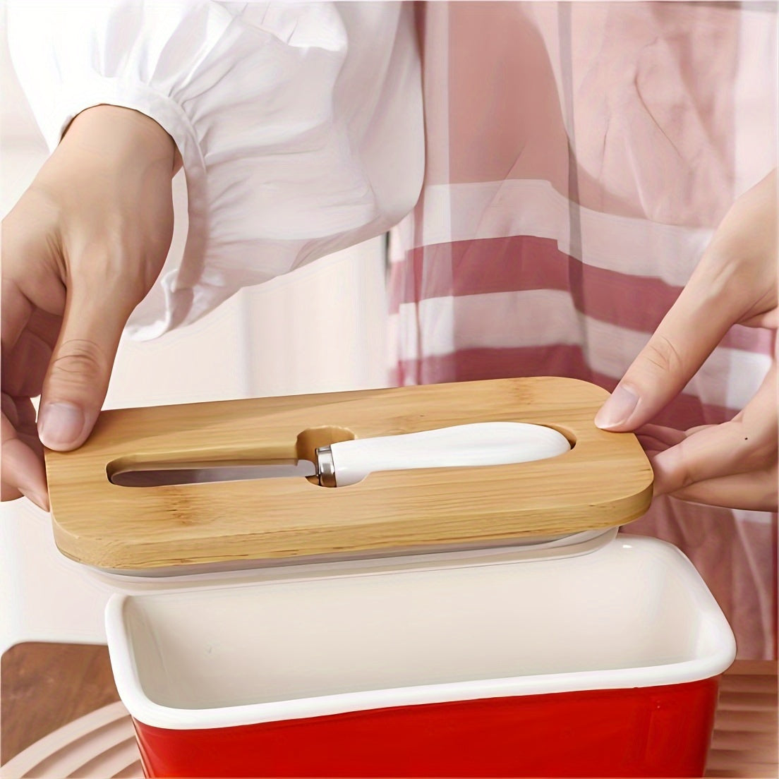 Ceramic Butter Dish with Bamboo Lid and Knife
