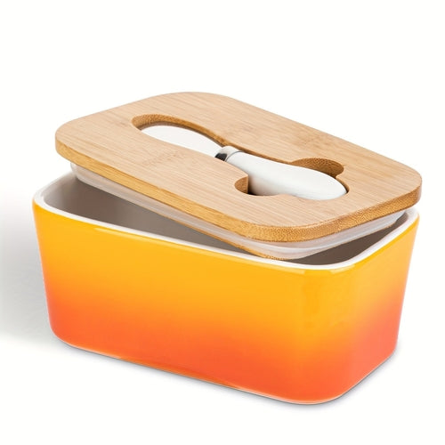 Ceramic Butter Dish with Bamboo Lid and Knife