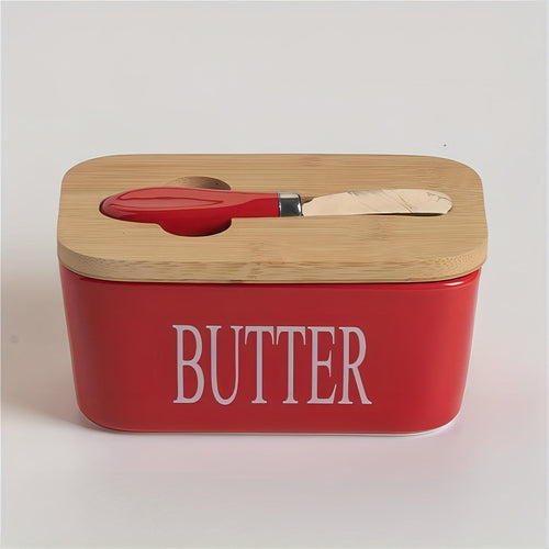 Ceramic Butter Dish with Bamboo Lid and Knife