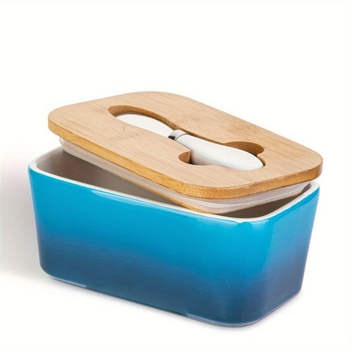 Ceramic Butter Dish with Bamboo Lid and Knife