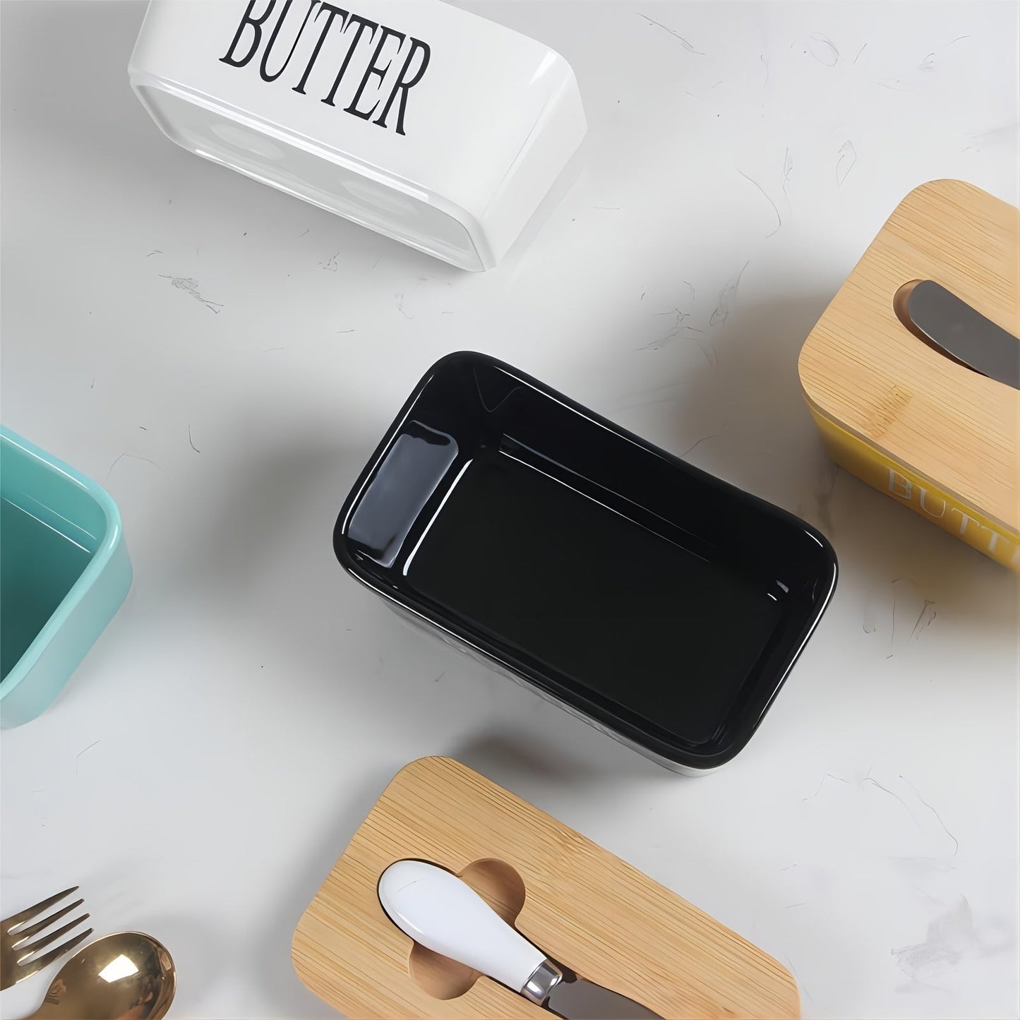 Ceramic Butter Dish with Bamboo Lid and Knife