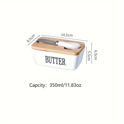 Ceramic Butter Dish with Bamboo Lid and Knife