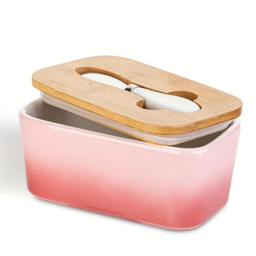 Ceramic Butter Dish with Bamboo Lid and Knife