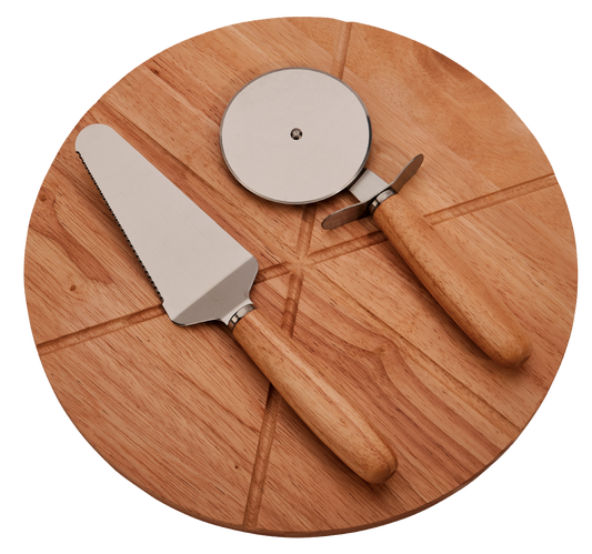 14" Wooden Pizza Board with Precision Cutting Wheel & Server