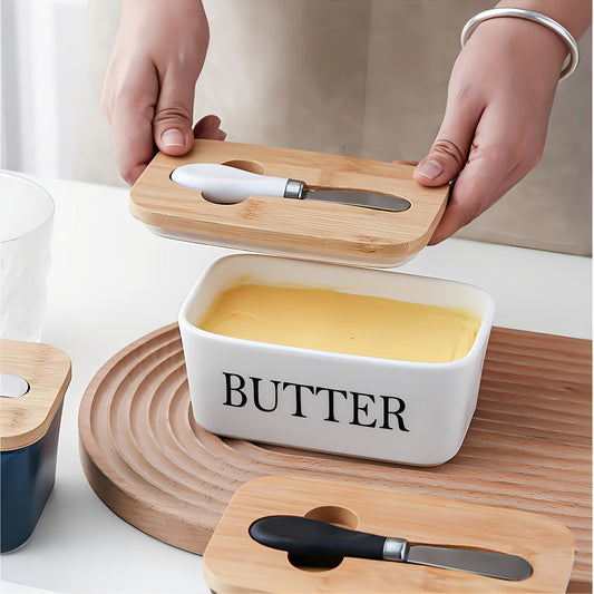 Ceramic Butter Dish with Bamboo Lid and Knife