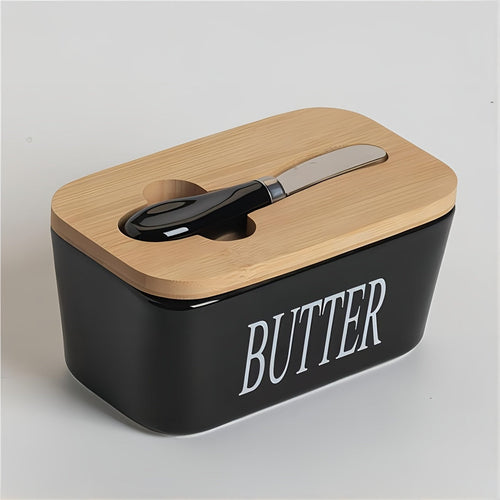 Ceramic Butter Dish with Bamboo Lid and Knife